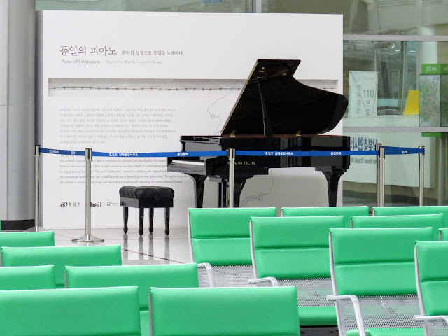 Piano strung with barbed wire at Dorasan Station in the South Korean section of the DMZ