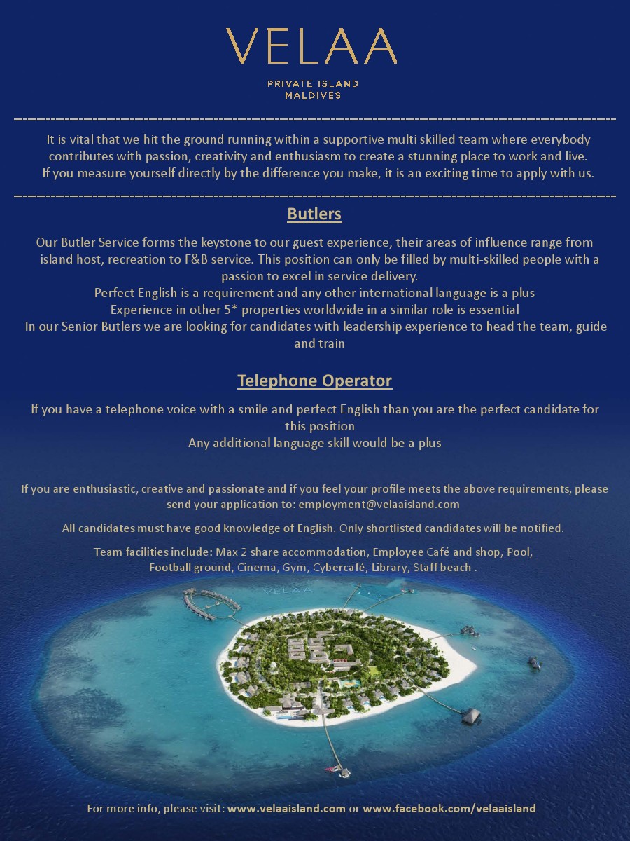 Job Maldives Job Opportunities At Velaa Private Island Maldives