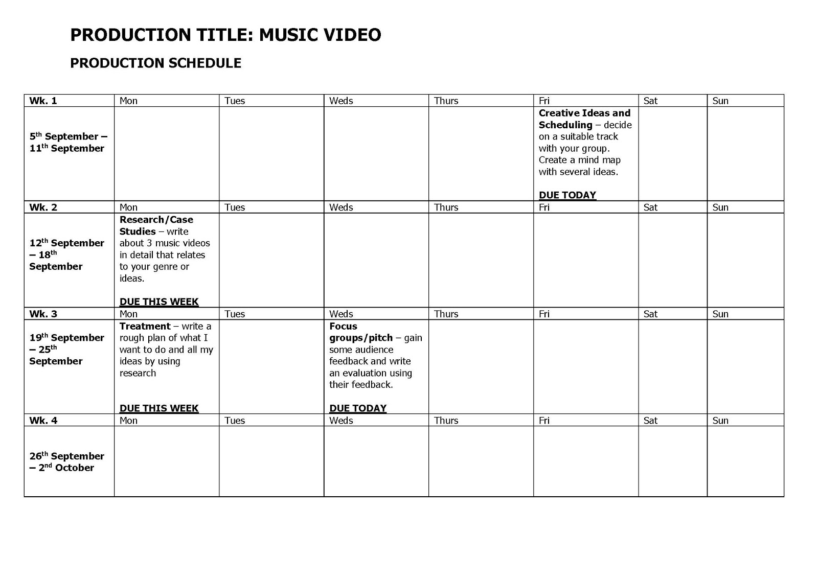 A2 Media Production Schedule Music Video