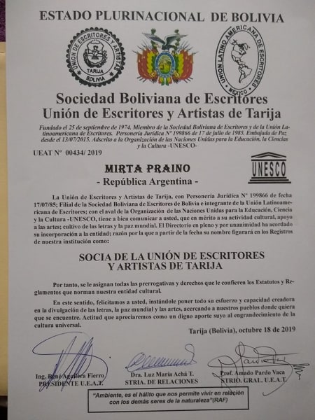 Mirta Praino en Merito a su actividad Cultural, apoyo a las Artes, Cultivo de las Letras, y La Paz