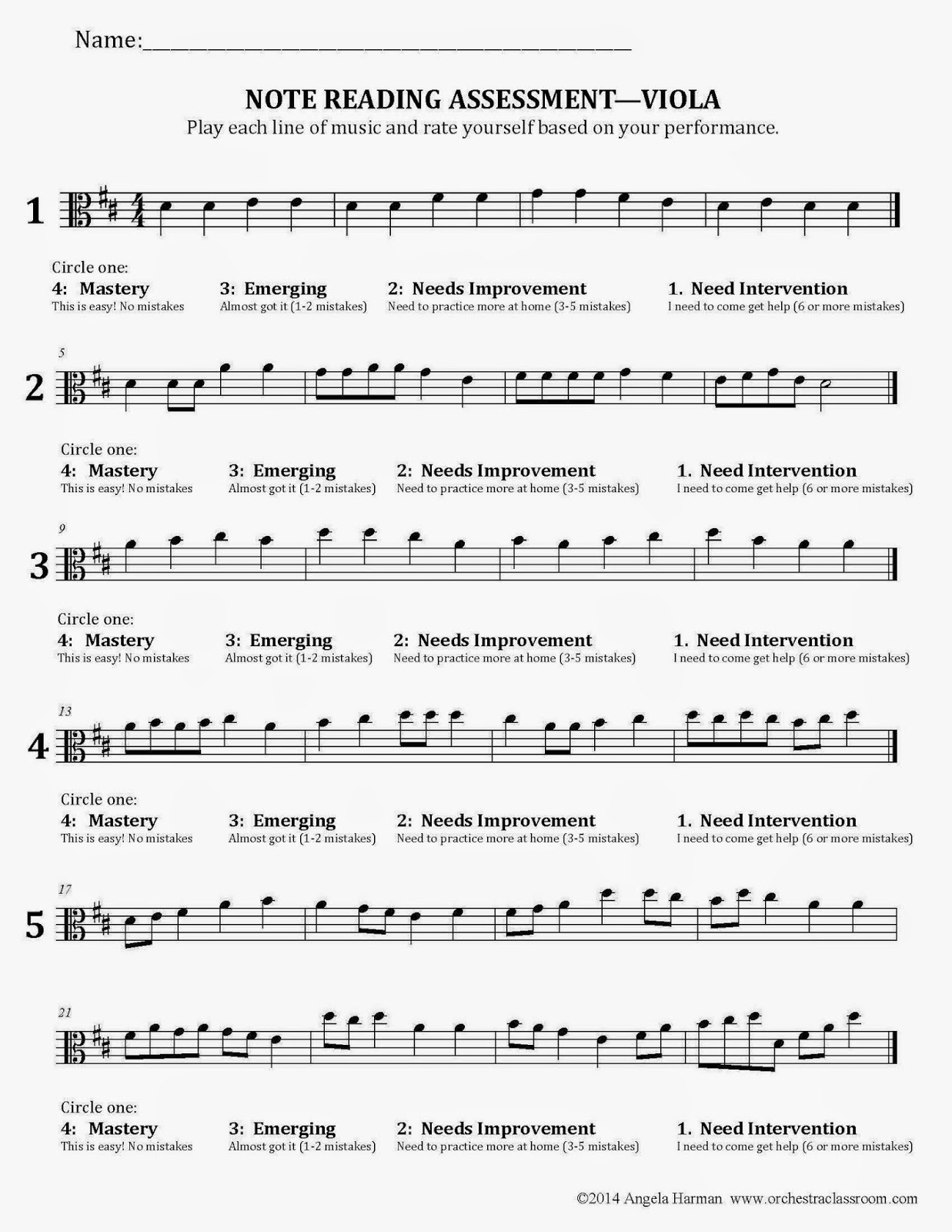 Orchestra Classroom: Note-reading Performance Assessment for notes of