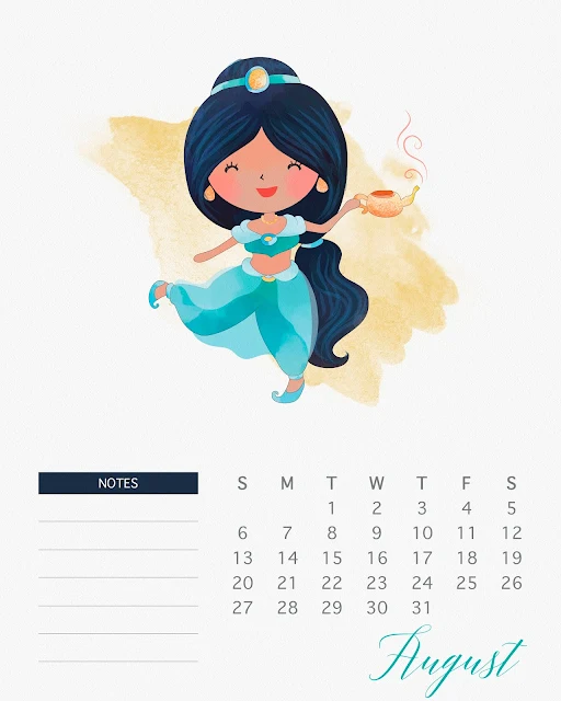 Calendario 2017 de las Princesas Disney para Imprimir Gratis  Agosto. 