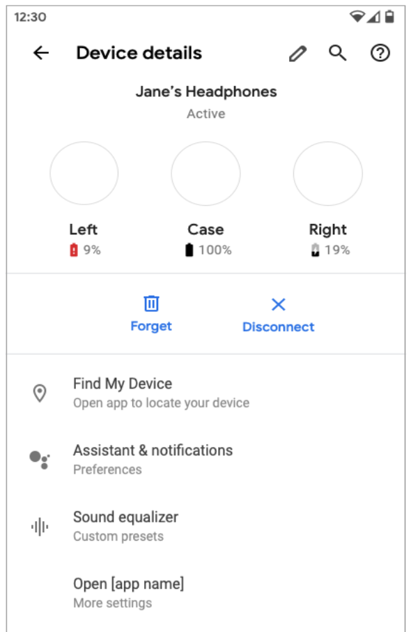 The updated Device details screen in Q allows easy access to key settings and the headphone’s companion app. 
