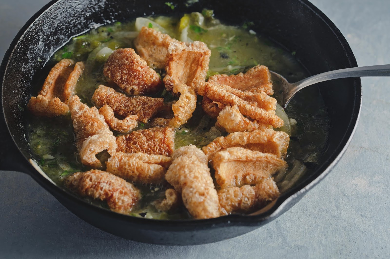 Chicharrones in Tomatillo Salsa Verde with Poached Eggs {cooking for one}