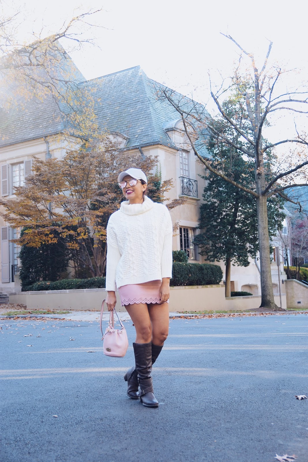 Cable Knit Sweater by Mari Estilo Wearing: Baseball Hat: Gamiss Cable Knit sweater: SheIn Skirt: Choies Bag: Michael Kors Boots: Target Style 