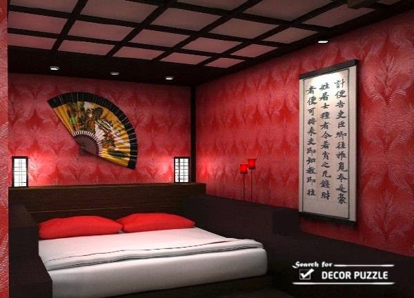 Japanese style bedroom - red color scheme, Japanese furniture - wall decor