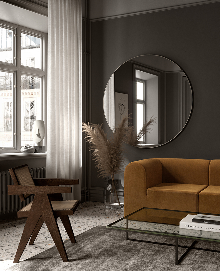 Contemporary dark gray living room with terrazzo floor by notooStudio