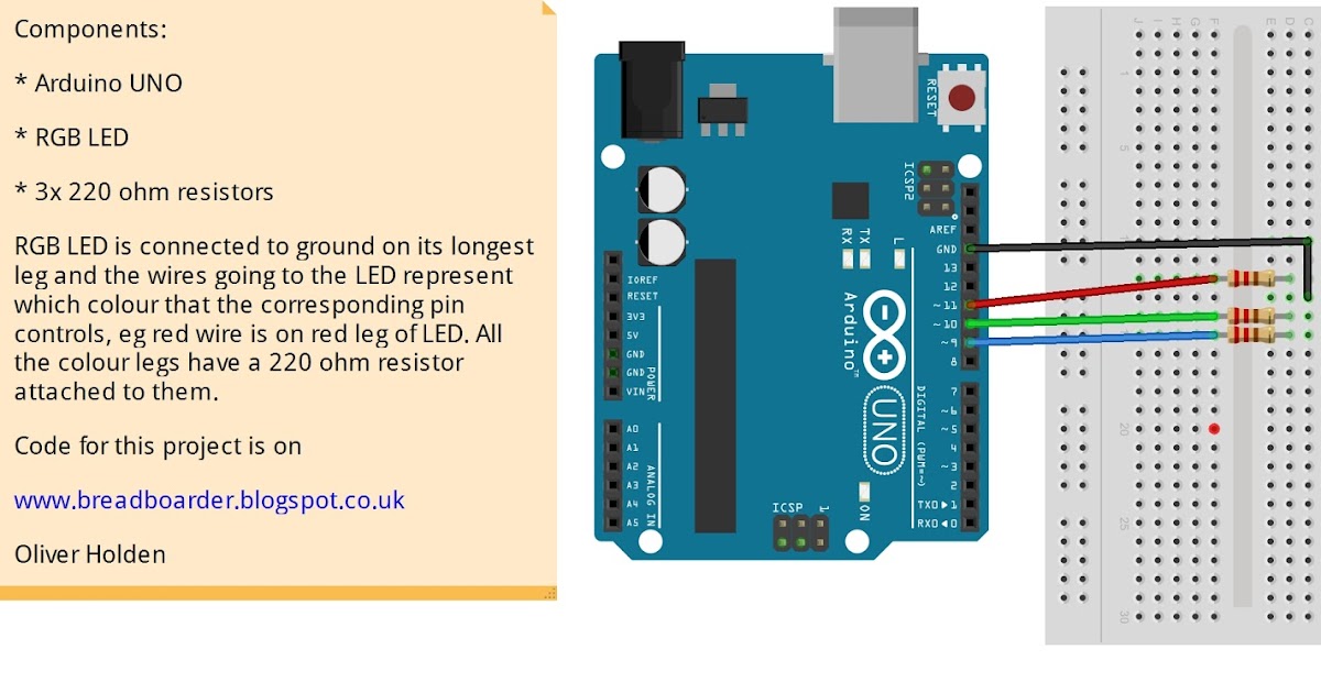 Breadboarders Arduino with RGB LED to create any colour