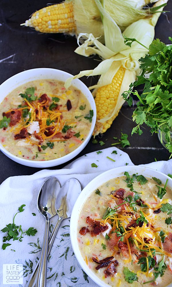 Fresh Corn & Chicken Chowder | by Life Tastes Good is perfect for summer! It is broth based with a little cream keeping it light and fresh.
