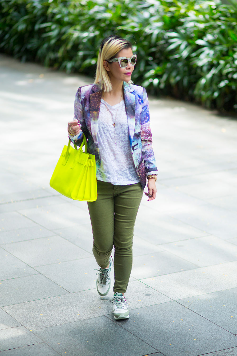 Crystal Phuong- Casual weekend with printed blazer, neon Sac de jour bag, and Dolce Gabbana sneakers