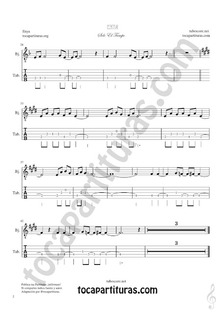 tubescore  Only Time Banjo Tab Sheet Music by Enya Ballad Music Score for guitar beginners