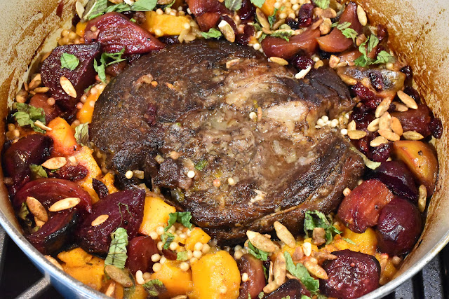 Tagine Inspired Pot Roast with Spiced Israeli Couscous with Beets and Pumpkin