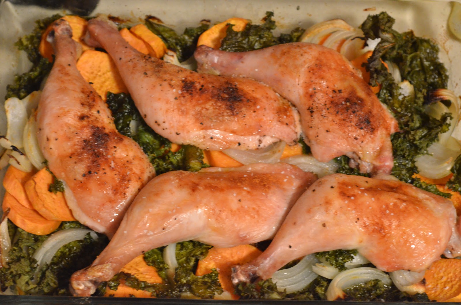 Navy Blue Kitchen Roasted Chicken with Sweet Potatoes and Kale