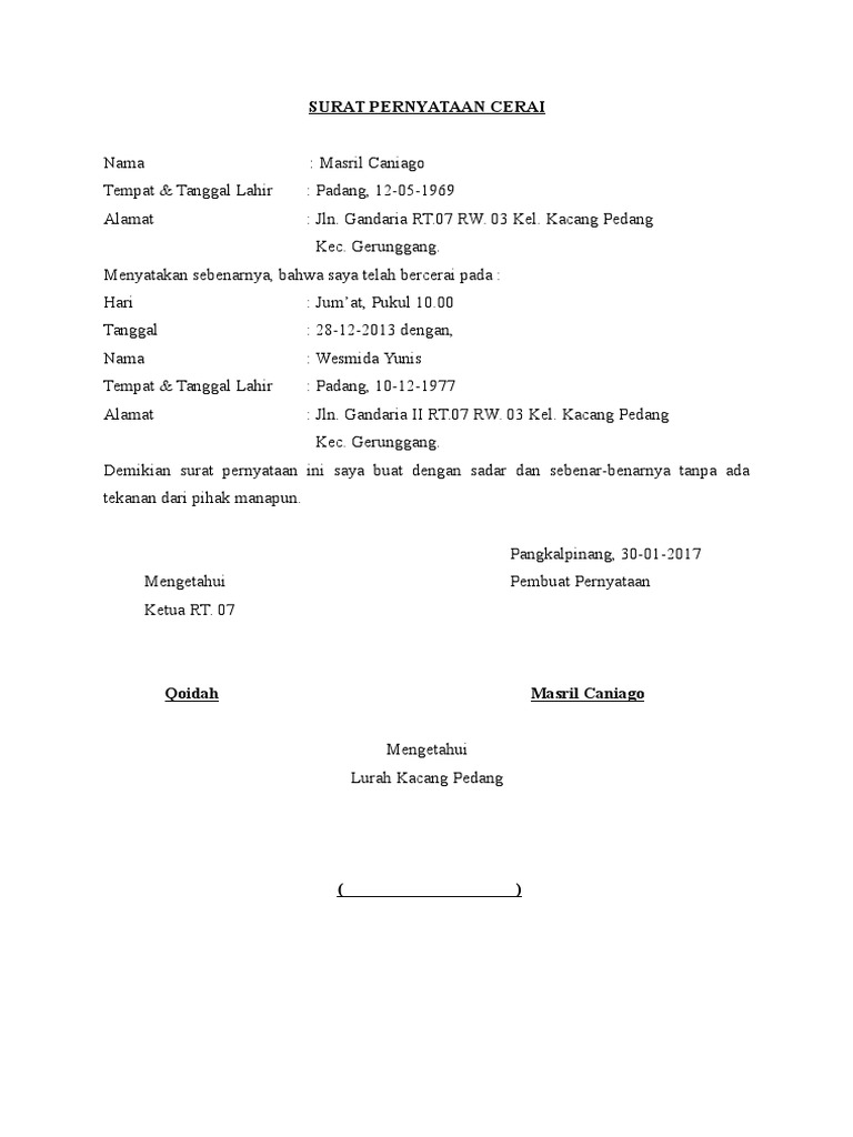 Surat Pernyataan Ikrar Talak.doc / (DOC) SURAT PERNYATAAN