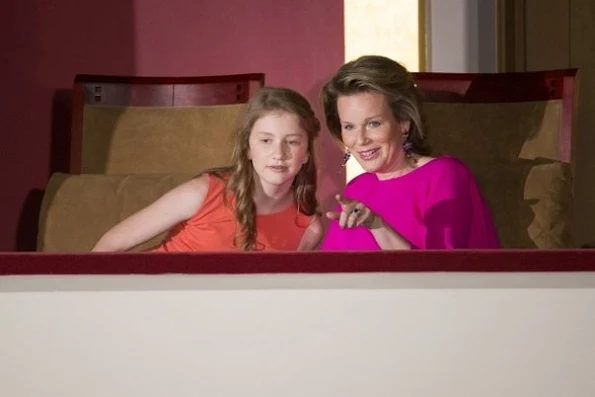 Queen Mathilde and Crown Princess Elisabeth of Belgium attends the finals of the 2016 Queen Elisabeth Piano Competition at Palace of Fine Arts. Czech pianist Lukáš Vondrácek. Style of Queen Mathilde, dress, style