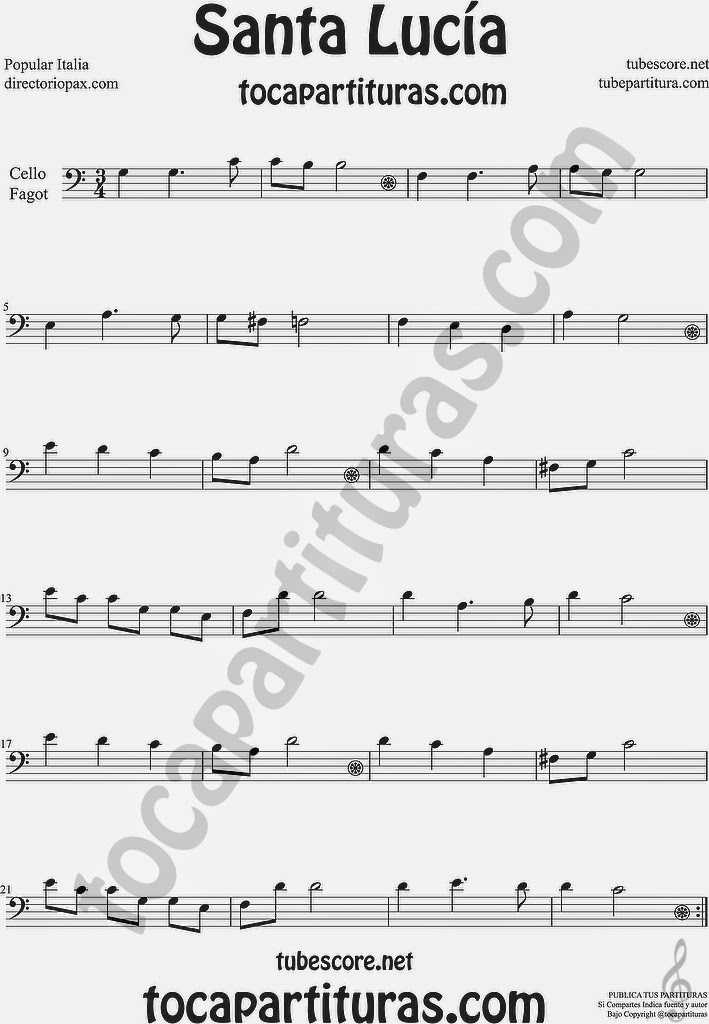  Santa Lucía Partitura de Violonchelo y Fagot Sheet Music for Cello and Bassoon Music Scores