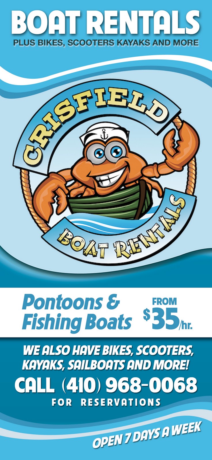 mike cahill . designer . idea guy Crisfield Boat Rentals Rack Card