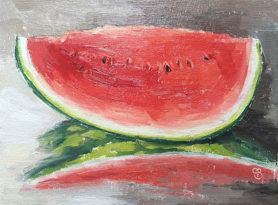 Slice of Watermelon oil painting reflected in a table top