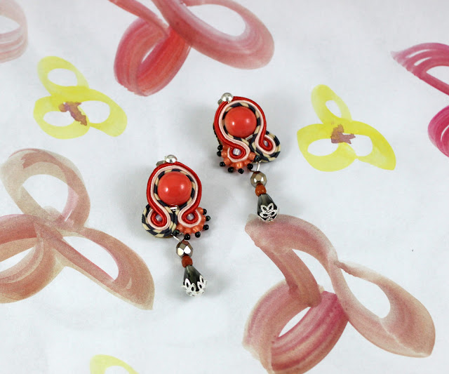 soutache earrings, soutache handmade jewelry  orange and grey strip soutache cord earrings for everyday, 