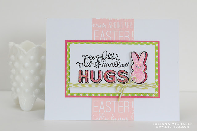 Peep Filled Hugs Bunny Easter Card with stamping and glitter by Juliana Michaels featuring Simon Says Stamp March 2016 Card Kit 