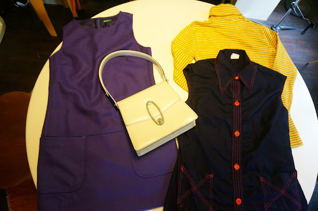 vintage yellow striped turtleneck sweater purple woolen sleevelee dress white handbag buckle navy blue shirtdress red stitching 1960s 60s 1970s 70s mod twiggy