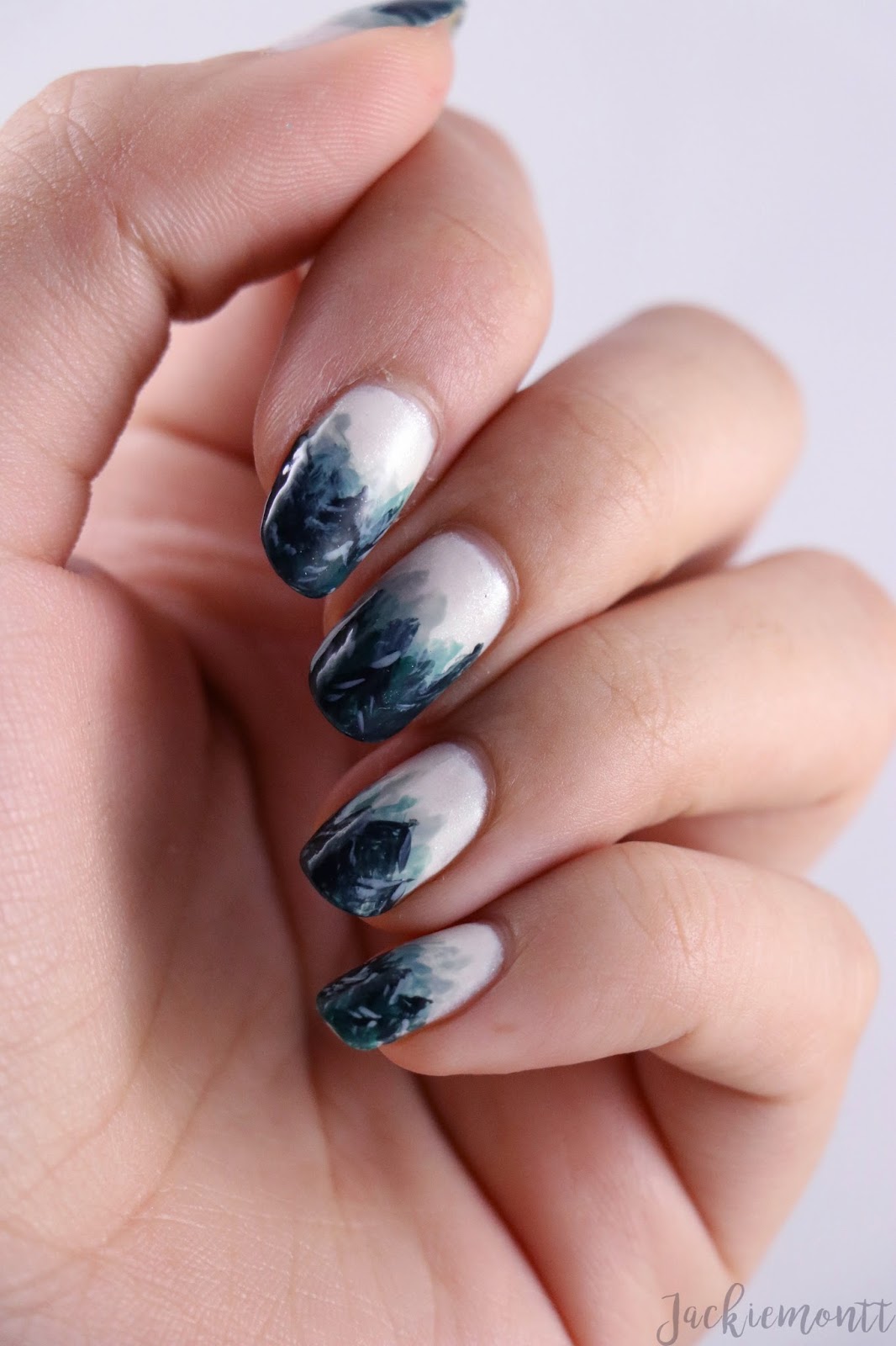 Jackiemontt Foggy Forest Winter Ombre Nail Art