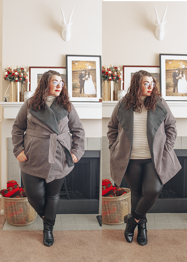 Post Polar Vortex, an outfit by Katie Lee for www.thekatieedit.com An outfit consisting of a grey wrap coat over a white and black turtleneck top, black coated pants, and black chelsea boots.