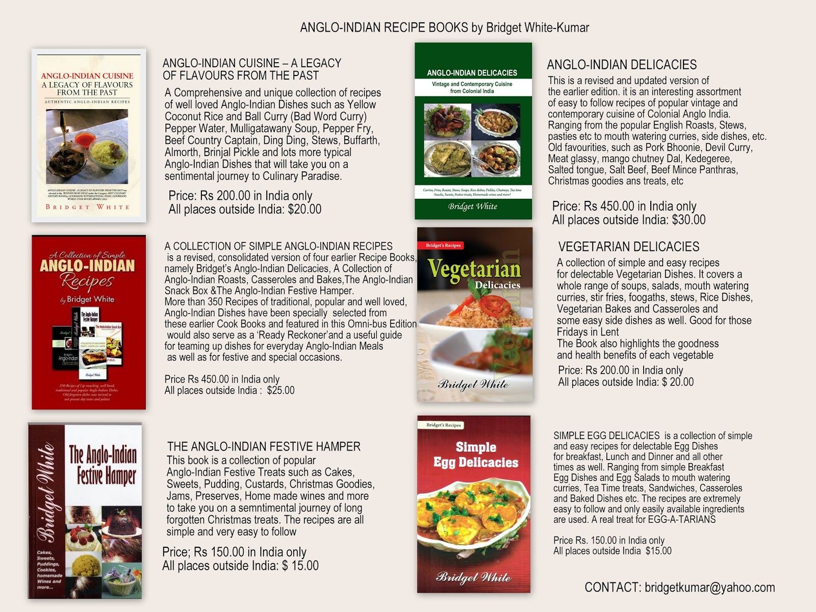 BRIDGET WHITE ANGLOINDIAN RECIPE BOOKS
