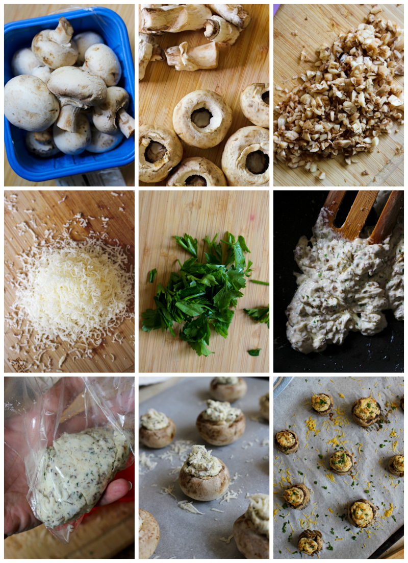 Collage of images of Cream Cheese Stuffed Mushrooms being made.