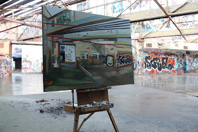 Plein air oil painting in the abandoned Dunlop-Slazenger factory by industrial heritage artist Jane Bennett