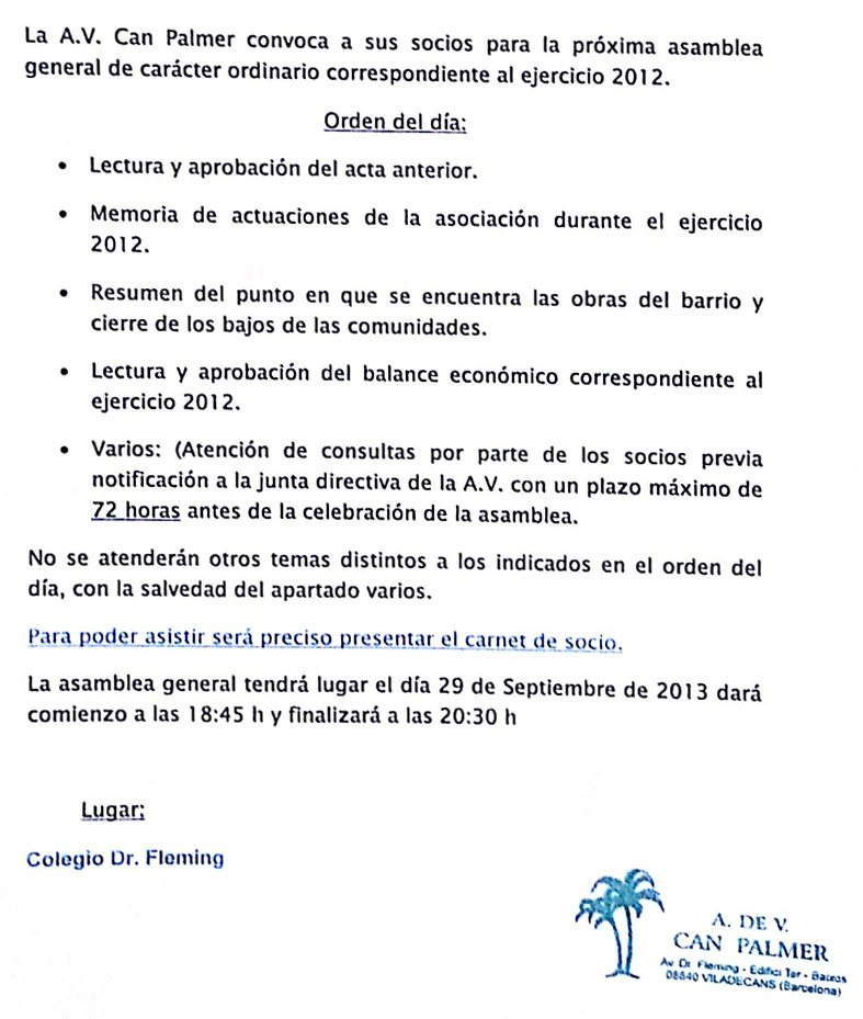 Vecinos de Can Palmer: Convocatoria de reunion Can Palmer