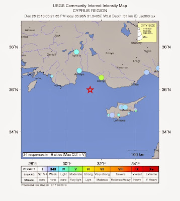 Epicentro terremoto 6,0 grados en Turquia, el 28 de Diciembre 2013