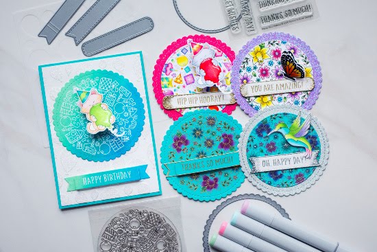 Five Incredible Roundabout Cards by June Guest Designer Amy Tollner | Floral Roundabout Stamp Set, Birthday Roundabout Stamp Set, Hummingbird Stamp Set, Monarchs Stamp Set, Circle Frames Die Set, Balloons Stencil, Banner Trio Die Set and Newton's Birthday Bash Stamp Set by Newton's Nook Designs #newtonsnook #handmade