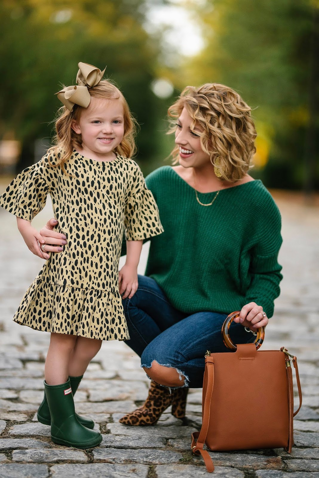 Mommy and me in leopard and green for fall - Something Delightful Blog