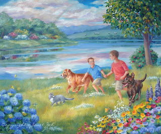 Two boys and their pets in a happy place custom watercolor Two boys and their pets in a happy place custom watercolor