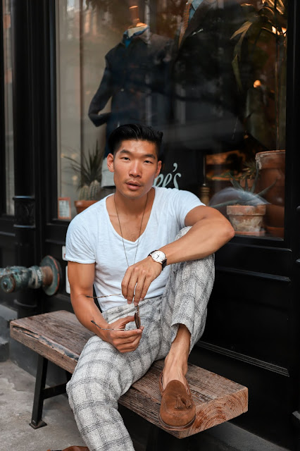 Leo Chan wearing Suit Supply Plaid Pants Casually with TShirt | Asian Male Model and Blogger