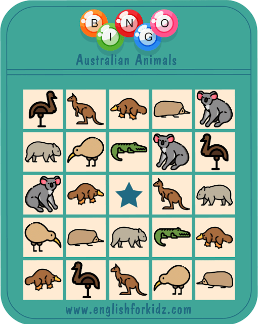 Australian animals bingo game – printable ESL worksheets for English teachers and students
