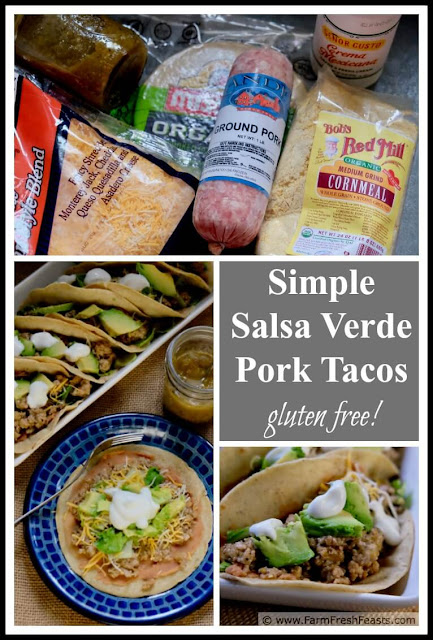 Salsa verde spices up ground pork in these gluten free tacos. Spread the corn tortillas with a layer of refried beans for extra protein & fiber, and finish with your favorite toppings!