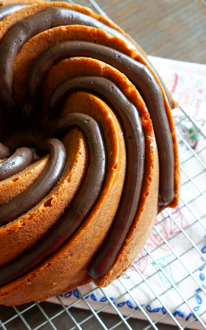 Peanut Bundter Cake with Peanut Butter Fudge Frosting Bake at 350°