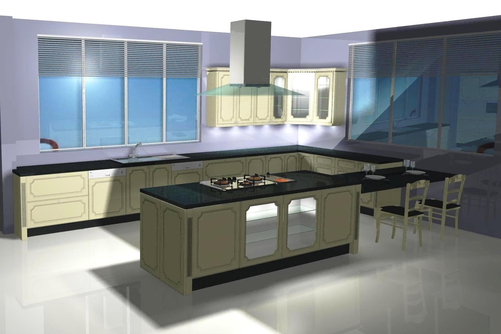 Diseño de cocina en madera de roble. Blanco velado y con mesa seguido a