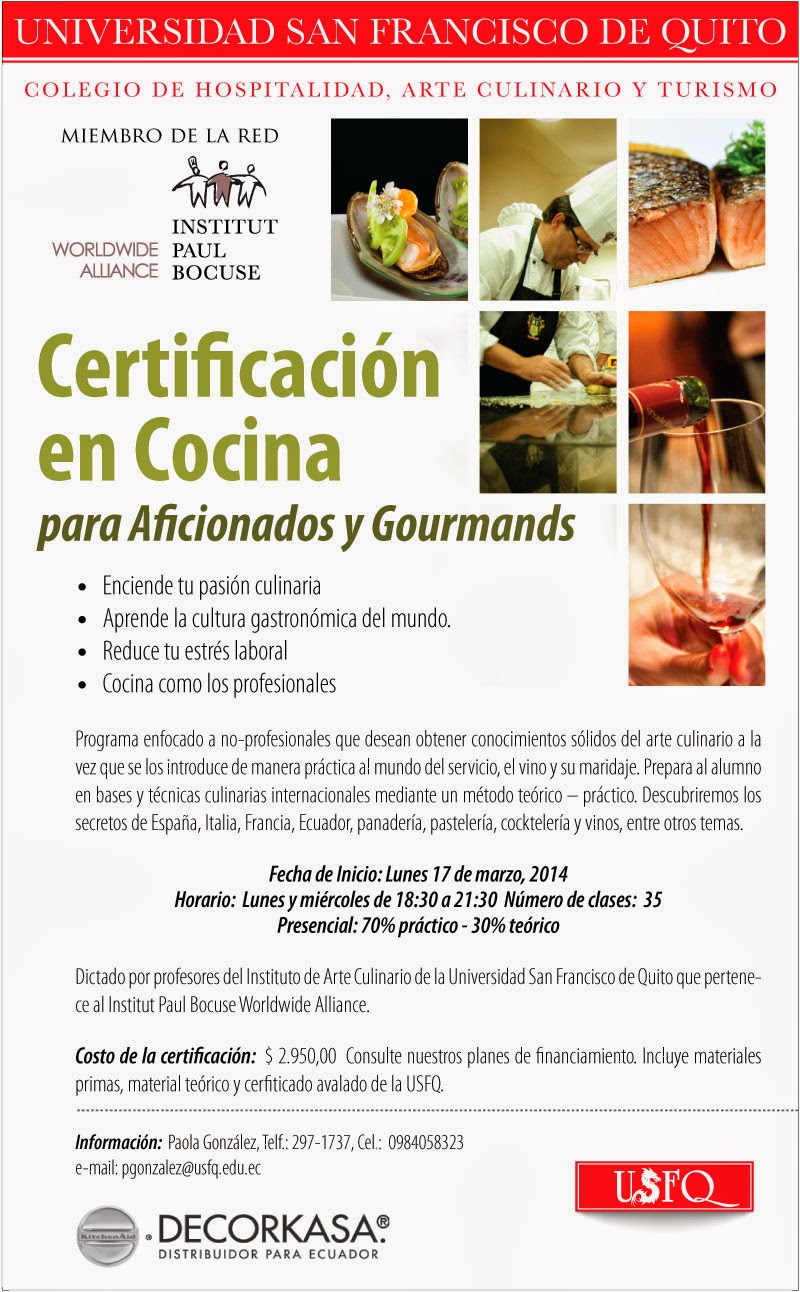 Matrículas abiertas para Certificación en Cocina para Aficionados y Gourmands 2014, del Colegio de Hospitalidad, Arte Culinario y Turismo-USFQ 