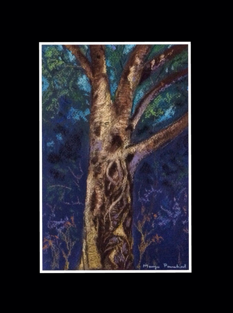 soft pastel painting of a tree trunk by Manju Panchal