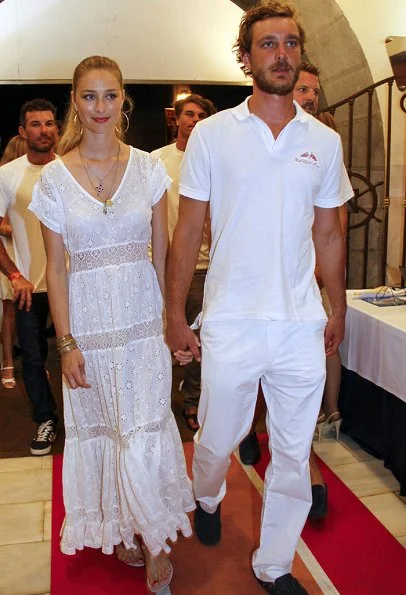 Pierre Casiraghi and Beatrice Borromeo at Palma Royal Nautical Club. Beatrice wore TopShop, Giambatista Valli lace dress