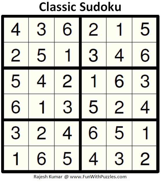 Classic Sudoku (Mini Sudoku Series #91) Solution