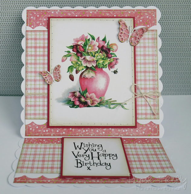 Scalloped easel base card with hellebore art pad image and die cut butterflies