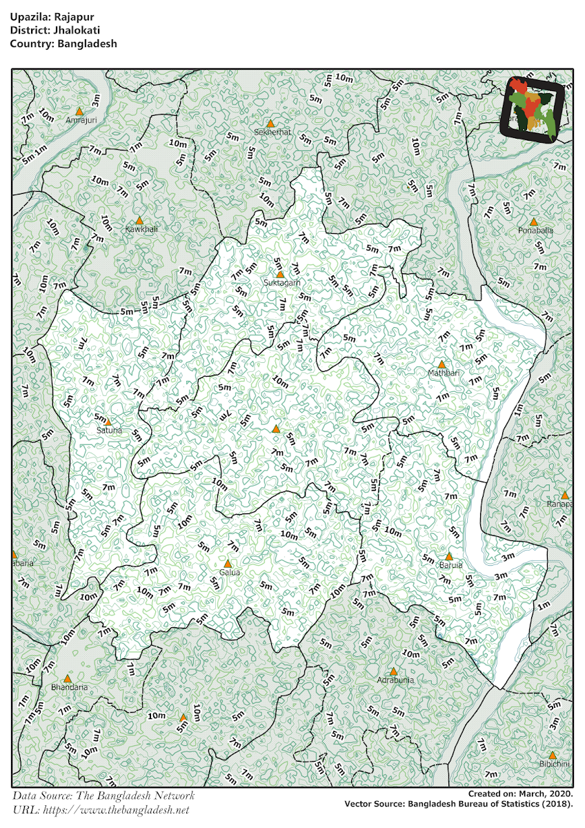 Rajapur Upazila Elevation Map Jhalokati District Bangladesh