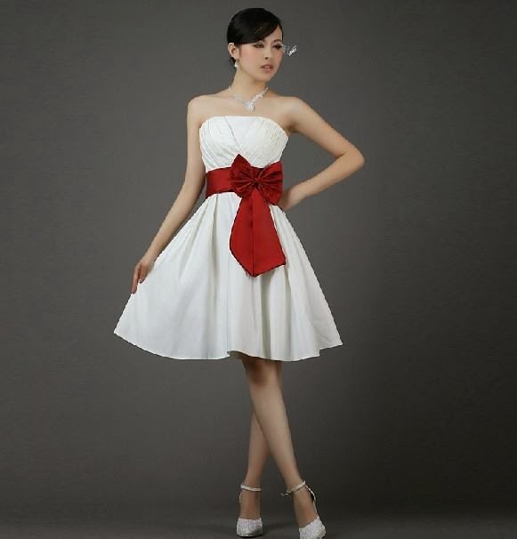 White Colour Strapless Satin short cocktail Dress with red ribbon :: My