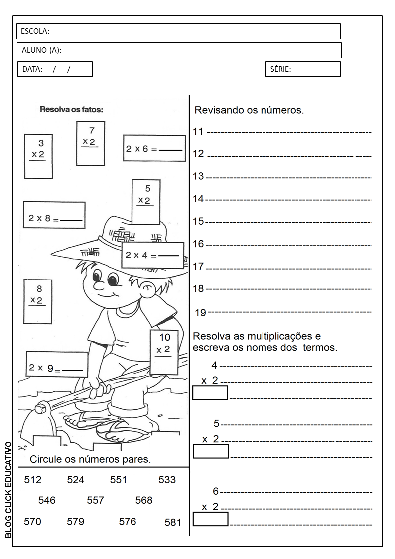MULTIPLICAÇÃO E DOBRO: ATIVIDADE DE MATEMÁTICA COM TABUADA PARA 3º ANO