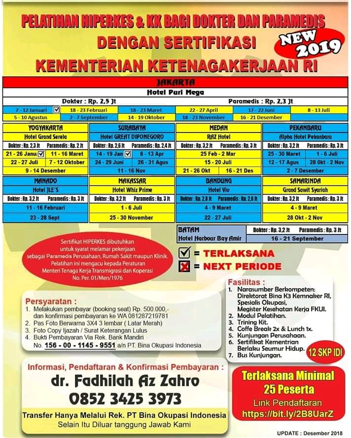 JADWAL Pelatihan HIPERKES JUNI 2019 BAGI DOKTER DAN