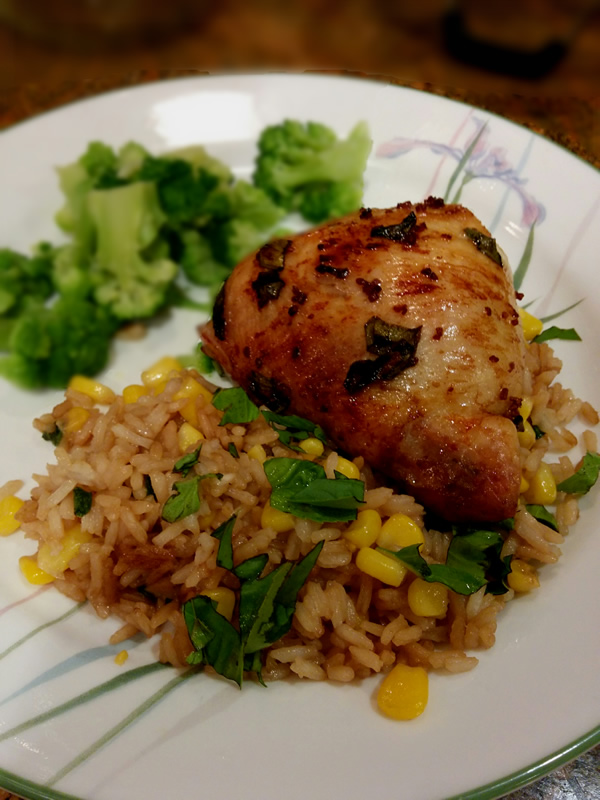 Asian Marinated Chicken with Corn and Basil Faux-Fried Rice